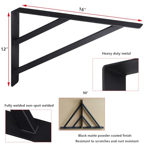 2Pcs Heavy Duty Shelf Bracket Countertop Support Brackets 16"x12" Wall Mounted Floating Shelf Bracket,Solid Fireplace Metal Brackets for Shelves for Tops Cabinetry Table Work Bench - size: 16"x12"x2"
