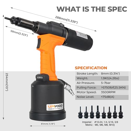 Heavy Duty Pneumatic Hydraulic Rivet Nut Tool, HPS6312 air Riveter Automatic Rivet Nut Gun Tool Setting Kit Come with M5, M6, M8, M10, 10-24, 1/4, 5/16, 3/8 Nose-Piece Assembly - style: Hydraulic Rivet Nut Tool HPS6312