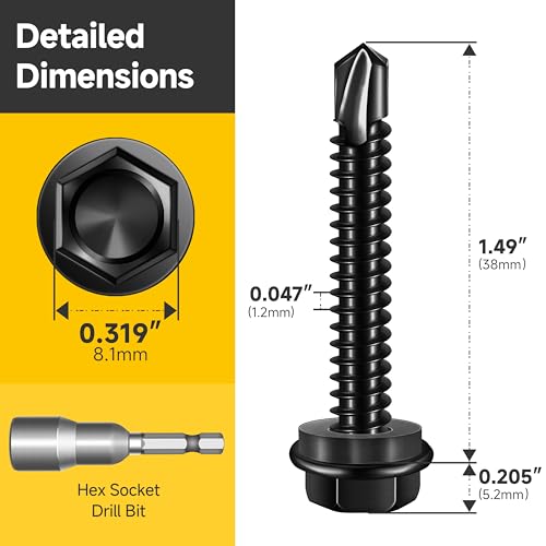 Mywish 50pcs #12 x 1-1/2" Self Drilling Screws for Metal, 410 Stainless Steel Hex Washer Head Self Drilling Screws, Black Oxided Self Tapping Sheet Metal Tek Screw Fast Tapping - size: #12x1-1/2"(50pcs)