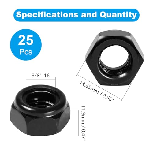 25Pcs 3/8"-16 Nylon Insert Hex Lock Nuts Self-Locking Nut - size: 3/8"-16; 25pcs