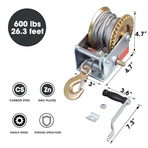 BIG RED 600Lbs Manual Winch – 26.3FT Steel Cable, Two-Way Ratchet Crank, Heavy-Duty Boat Trailer Winch for ATV/UTV/Jet Ski/Marine Use - size: 600 lbs, style: Steel Cable