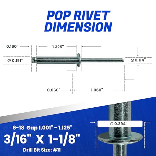 Fastenere Pop Rivets - 3/16" x 1-1/8" (50 pcs) Heavy Duty, Open-End, Low Carbon Steel, Dome-Head Blind Rivets, Corrosion-Resistant & High Shear Strength, 6-18 Gap 1.001"-1.125" - size: 3/16" x 1-1/8" (6-18) (50 Pack)