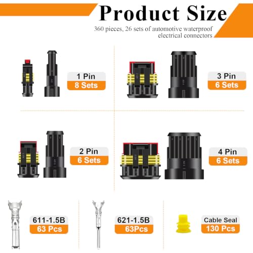 360PCS Waterproof Automotive Connectors Plug Connectors 1/2/3/4/Pin - color: Black, size: 360PCS