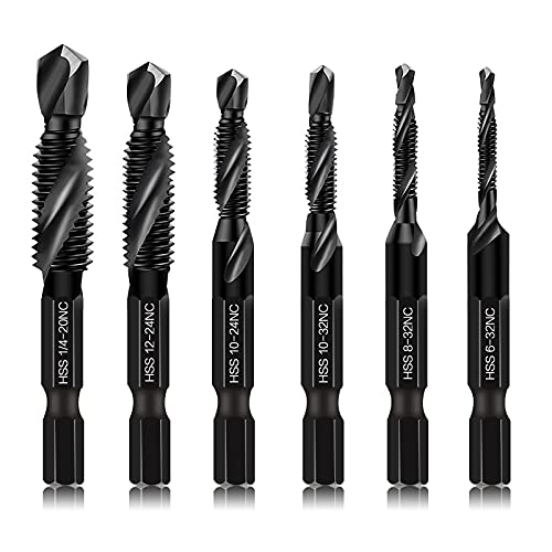 6 Packs Combination Drill & Taps Bit Set, Screw Tapping in SAE Size 6-32nc 8-32nc 10-32nc 10-24nc 12-24nc 1/4-20nc with Anti-Rust Black Coating, 1/4” Hex Shank and Storage Case - size: 6 Pcs Tap Set