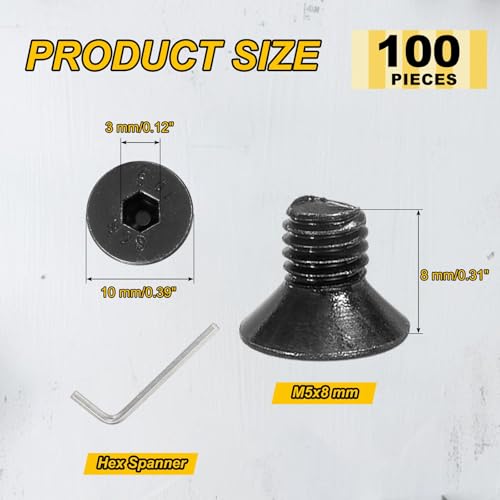 PATIKIL M5x8mm Flat Head Socket Cap Screws Carbon Steel Hex Spanner 100Pcs - size: M5x8 mm