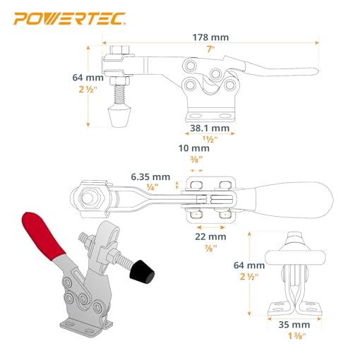 POWERTEC 2PK Toggle Clamp, 500 lbs Holding Capacity, 225D Quick Release Horizontal Clamps w/Antislip Rubber Pressure Tip for Woodworking Jigs and Fixtures, Welding, Drill Press, Crosscut Sled (20325) - size: Horizontal Ckamps (2 PK)