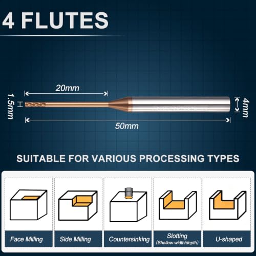 Carbide End Mill 1.5mm Dia 20mm Cut L 50mm L 4mm Shank 4 Flute - size: 1.5mm Dia - 20mm CL - 50mm L - 4mm Shank