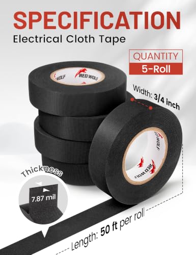 RED WOLF Noise Damping PET Electrical Wire Tape 3/4 Inch x 50 Feet, 5-Roll High Heat Abrasion Resistance Self-Adhesive Fabric Cloth Tape Wrap Wiring Loom for Automotive Engines Cable Protection - size: 3/4 inch - 50 Ft (5-Pack)