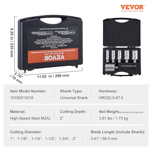 VEVOR Annular Cutter Set, 6 pcs Universal Shank Mag Drill Bits, 2" Cutting Depth, 1" to 2" Cutting Diameter, M2AL High-Speed Steel, with 2 Pilot Pins and Portable Case, for Using with Magnetic Drills - size: 1" - 2" * 2"(Universal)