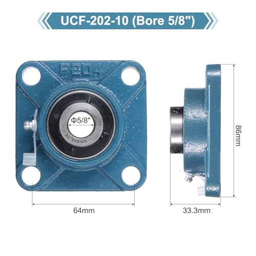 uxcell 2 Pcs UCF-202-10 Pillow Block Bearings 5/8 Inch Bore Self Alignment Chrome Steel Bearing Units, 4-Bolt Square Flange Mounted, Solid Base - size: UCF-202-10
