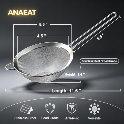 Anaeat Fine Mesh Strainers - Premium Stainless Steel Colander Sieve Sifters, with Durable Mesh and Sturdy Handle, Excellent for Sifting Dry ingredients, Flour, Pastas, Rice, Tea (5.5") - color: 5.5" Diameter