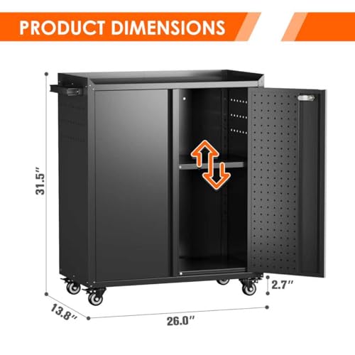 Metal Rolling Garage Storage Cabinet with Wheels, Pegboard Doors - color: Black, size: 13.8"D x 26"W x 31.5"H