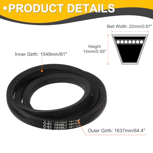uxcell C61 Drive V-Belt 61 Inch (1549mm) Inner Circumference x 22mm Width x 14mm Height, Rubber V Belt for Power Transmission - size: C61