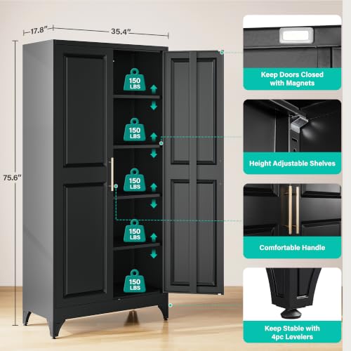 SISESOL 75" Tall Storage Cabinet with 2 Door and 5 Shelves, Wide & Deep Kitchen Pantry Cabinet,Black Metal Cabinets,Large Cupboard for Home,Kitchen,Laundry - color: Black, size: 75.6"H