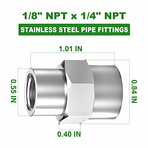 TAISHER 2PCS Forging of 304 SS Hex Coupling,1/4" x 1/8" NPT Female Pipe - size: 1/4"-1/8"