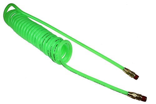 Coilhose Pneumatics PU14-15B-G Flexcoil Polyurethane Coiled Air Hose, 1/4-Inch ID, 15-Foot Length with (2) 1/4-Inch Reusable Strain Relief MPT Swivel Fittings, Neon Green - color: Green, size: 1/4" X 15 Feet