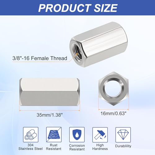 6Pcs Hex Coupling Nuts,3/8-16 UNC 35mm/1.38" Length, 304 SS - size: 3/8"-16 x 35mm
