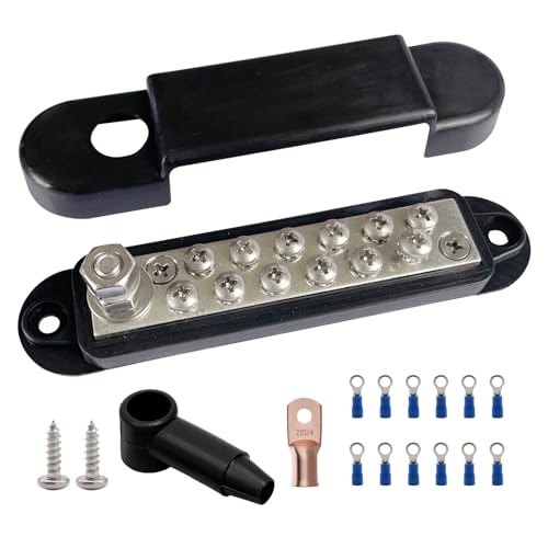 Ampper 1/4" Stud Power Distribution Block Bus Bar 12 x #8 Screw Kit, Black - color: Black, size: Plated Brass Kit
