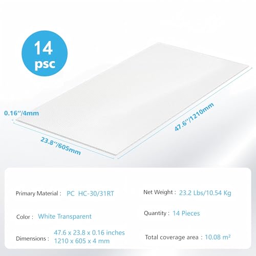 14 Pcs Polycarbonate Greenhouse Panels,4' x 2' x 0.16'' Twin-Wall Plastic roof Panels,Waterproof UV Protected Clear Corrugated Polycarbonate Sheet for All Weather Outdoor Garden Greenhouse Replacement