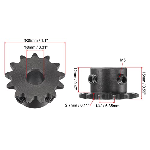 uxcell 13 Tooth Roller Sprocket B Type, #25 Chain, Single Strand 1/4" Pitch, 8mm Bore Black Oxide C45 Carbon Steel with Set Screws for ISO 04C - size: 8mm