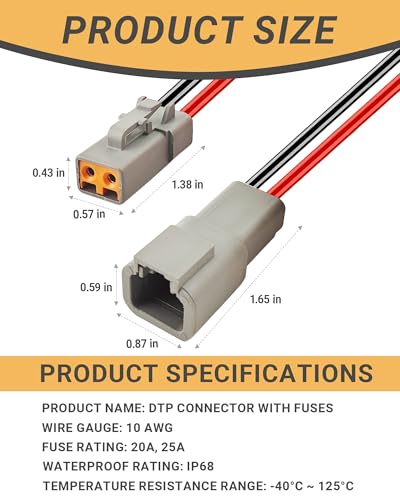 10 AWG 2 Pin DTP Connector with 20A 25A Fuses, 2 Way Automotive Waterproof Electrical Connectors, 10 Gauge Cable Wire Male and Female Quick Connect Harness for Car Truck Boat LED-2 Pack - size: 10 AWG