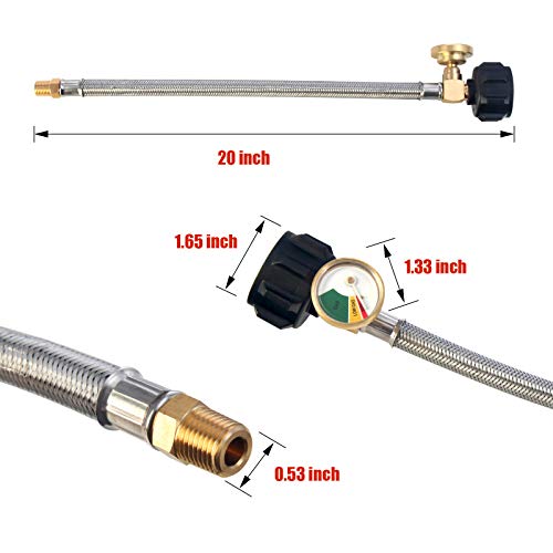 20 Inch (packs of 2) RV Propane Hoses with Gauge, QCC1 & NPT, 40lb 250PSI - size: 20 Inch