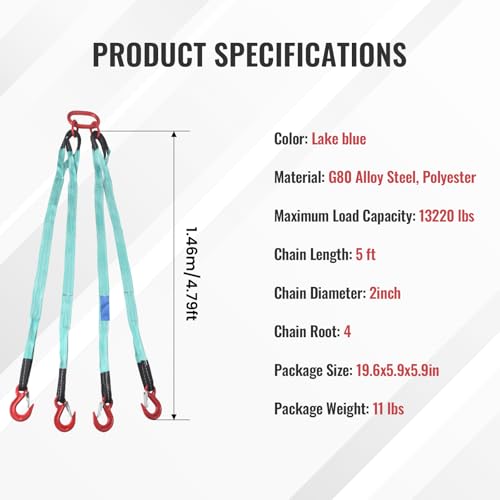 5Ft 6T Chain Sling for Lifting, 13220lbs 4 Legs with Grab Hooks & Adjusters, Polyester Rigging Straps for Engine Hoist & Security Towing