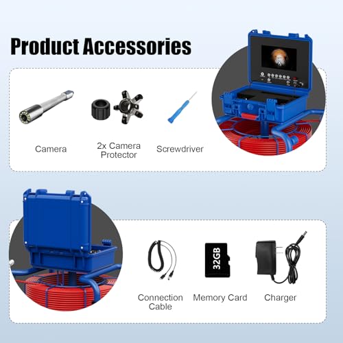 Sewer Camera with Light 165ft/Distance Counter Professional Pipe Inspection Camera 1080P Screen 7mm Thicker Cable - size: 50M