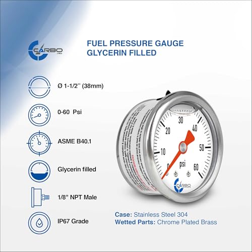 1-1/2" Fuel Pressure Gauge, Stainless Steel Case 304, Chrome Plated Brass Connection, Glycerin Filled, 0-60 Psi, Accuracy 3-2-3%, Back Mount 1/8" NPT - size: 60 PSI, style: Back Mount