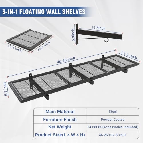 Garage Wall Shelf, Heavy Duty Garage Shelving, 46"X 12.5" Wall Mounted Shelves, Metal Floating Storage Rack with 4 Hooks, Utility Organizer Max Load 160 LBS for Laundry Room, Basement, Workshop - size: B-1 PACK