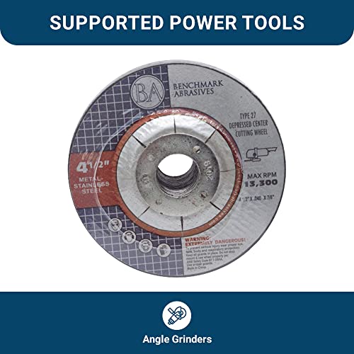 Benchmark Abrasives Grinder Cut Off Wheels 4 1/2 Inch Aluminum Oxide Depressed Center Thin Type 27 for Metals, .040" Thick 7/8" Arbor, Angle Grinder Cutting Disc, Grinding Cutting Wheel - 50 Pack