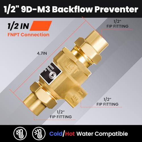 1/2" 9D-M3 Backflow Preventer, Brass Dual Check Valve with Intermediate Atmospheric Vent, 1/2 Inch back flow preventer valve Female Union, Vertical or Horizontal Install - size: 1/2 Inch