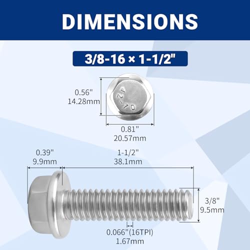 10pcs 3/8-16 x 1-1/2" Flange Hex Head Bolts (Non-Serrated), 304 SS - size: 3/8-16 x 1-1/2