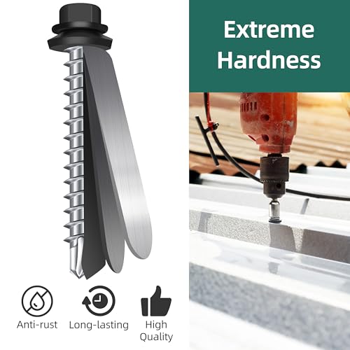 100-pack #10 x 1-1/2 Hex Head Self-Drilling Metal Roofing Screws with EPDM Washer, Black Coated Wood Screws, Self Tapping Sheet Metal Roof Screws (Diamond Point) - color: Black, size: #10 x 1-1/2"