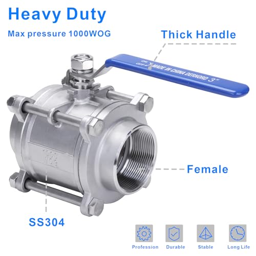 DERNORD Ball Valve 3 Inch NPT Threaded - Stainless Steel 304 Female 3 Piece Full Port (3" NPT Female) - size: 3" NPT Female