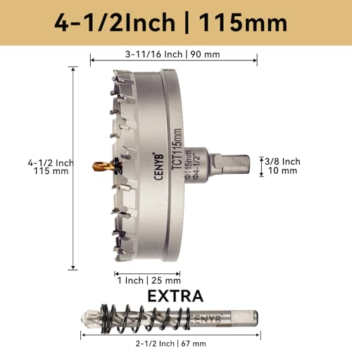 4-1/2" (115mm) Tungsten Carbide Tipped Hole Saw with 2Pcs Titanium-Plated Pilot Drill Bits for Hard Metal,Stainless Steel,Iron,Aluminum Alloy,Wood and Plastic - size: 115mm | 4-1/2"