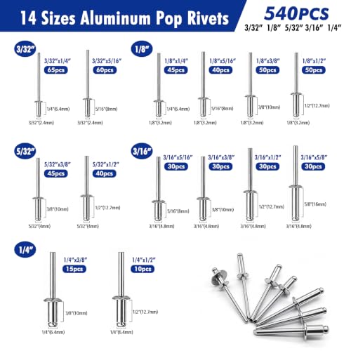J&L HomeHive 1080 Pcs Silver Aluminum Pop Rivets Assortment Kit with Washers, 14 Sizes Rivets for Metal, 3/32", 1/8", 5/32", 3/16", 1/4", 5 Sizes 304 Stainless Steel Washers - color: Silver, size: 1080Pcs 3/32" 1/8" 5/32" 3/16" 1/4"