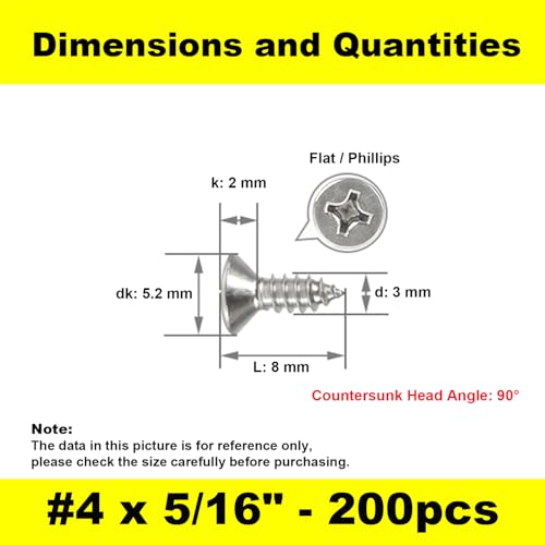 #4 x 5/16" (M3x8mm) 304 Stainless Steel Flat Head Wood Screws, 200pcs - size: #4 x 5/16''-200pcs