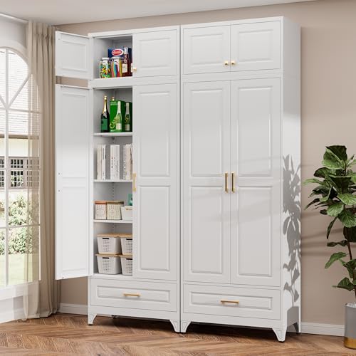 90" Kitchen Pantry Cabinet, Metal Storage Cabinets with Drawer - color: White, size: 90"H-1 Drawers