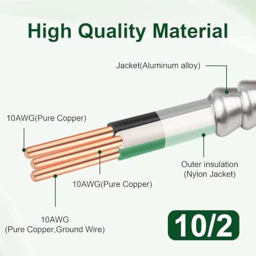 10/2 MC Cable 10 FT, Metal Clad Electrical Wire with Green Insulated Ground, 10 AWG Solid Pure Copper Conductors, Aluminum Armor Real THHN/THWN, 600V 90°C Indoor/Outdoor Rated UL Listed - color: 10 FT, size: 10AWG/2