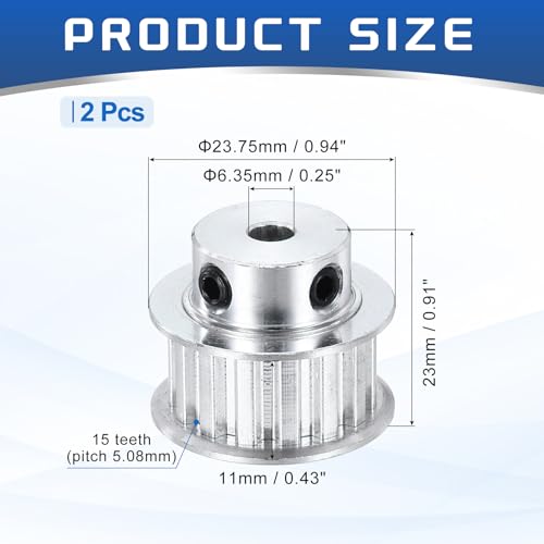 MECCANIXITY 2 Pcs Aluminium Timing Pulley, XL 15 Teeth 6.35mm Bore Synchronous Wheel Timing Belt Pulley 5.08mm Pitch 11mm Slot Width for Belt, CNC Machine, 3D Printer - size: 6.35x5.08x11mm