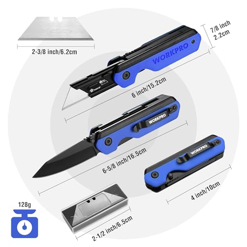 WORKPRO 2-in-1 Folding Knife/Utility Knife, Wood Handle, Blue G10 Handle - color: Blue G10