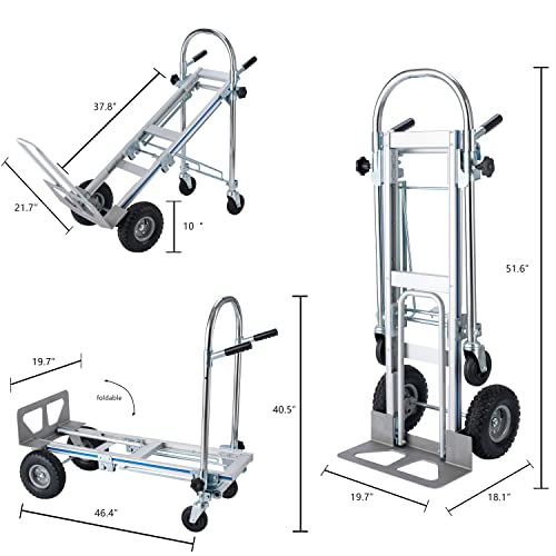 LEADALLWAY 3-in-1 Aluminum Convertible Hand Truck, Heavy Duty Folding Dolly Cart Pneumatic & Solid Wheels for Moving, Warehouse, Delivery, Home Use,770lbs Capacity