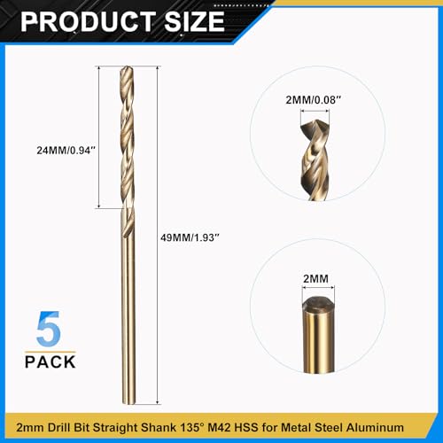 PATIKIL 2mm Drill Bit M42 8% Cobalt HSS 135° Gold Finish 5Pcs - size: 2mm