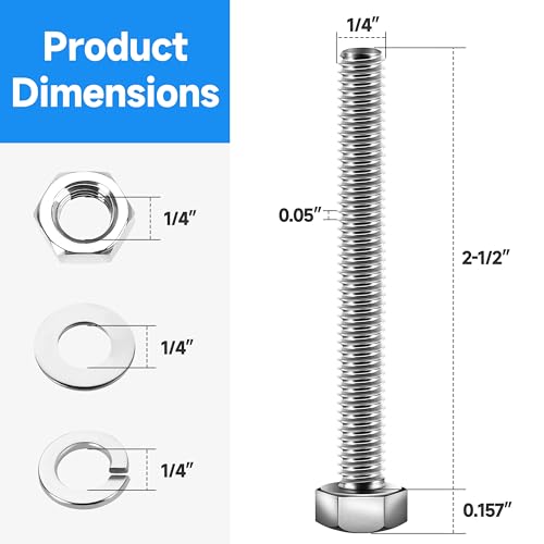 (12 Sets) 1/4-20 Bolts and Nuts Kit, 1/4-20 x 2-1/2" Hex Head Screws Kit with 1/4-20 Bolts,Nuts, Flat & Lock Washers, Fully Threaded, 1/4 20 Stainless Steel, Bright Finish by Marysino - color: (Silver)-1/4, size: 2-1/2"