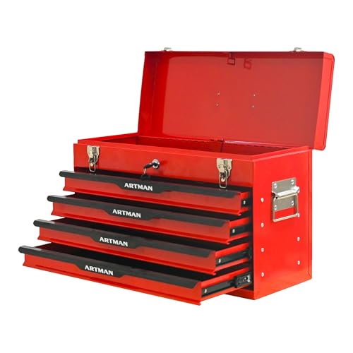KEIKI 20-inch Steel Portable Tool Box With Drawers, Tool Storage Box Organizer With Metal Lock Closure Device for Garage, Workshop, Red - color: Red