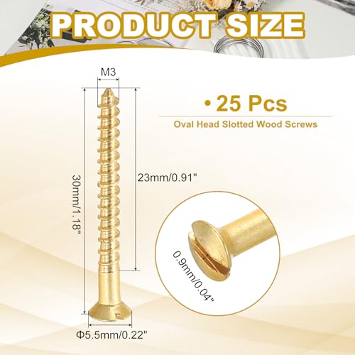 PATIKIL M3 x 30mm Slotted Wood Screw, 25 Pack Solid Brass Oval Head - size: M3x30mm