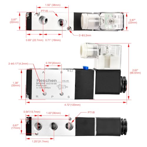 Heschen Electric Pneumatic Air Control Valve, Solenoid Control Valve 4V210-06 220VAC PT1/8 5 Way 2 Position Single Coil Electric Driven CE with Fittings and Muffler