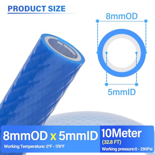 TAILONZ PNEUMATIC Blue 8MM OD 10 Meters Reinforced Polyurethane Air Tube Pipe Hose Pu Air Hose for Air Line Tubing or Fluid Transfer Tubing