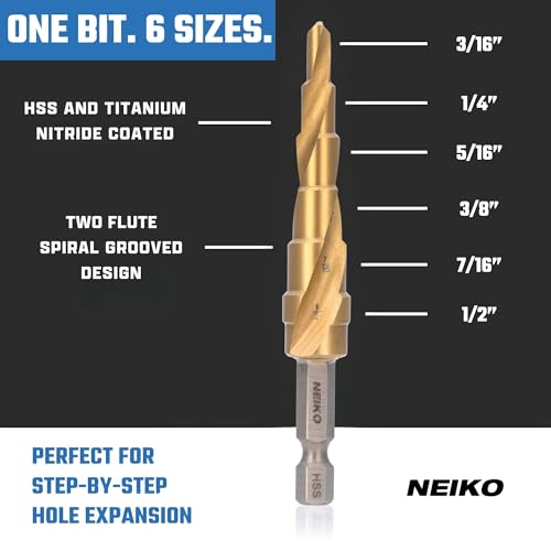 NEIKO 10605A Step Drill Bit, 6 Steps 3/16" to 1/2" Spiral High Speed Steel, Titanium Nitride Coated, 1/4" Quick Change Step Bits for Steel, Metal, Wood, Plastic, Unibit Cone Drill Bits, Two Flute - size: #2 (3/16 - 1/2", 6S), style: Spiral